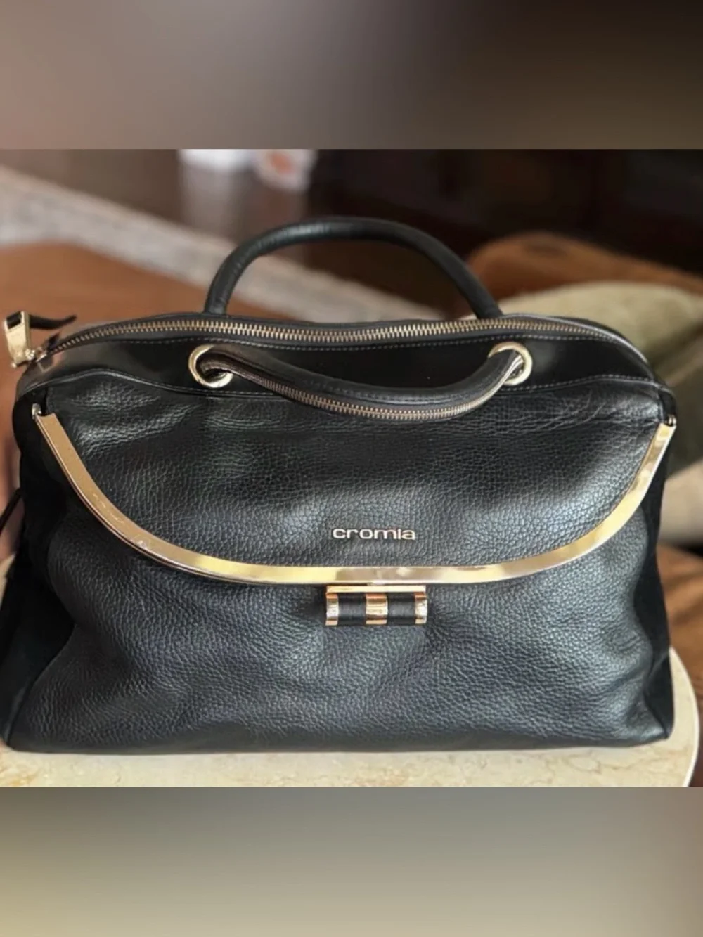 CROMIA Black Italian leather and suede satchel